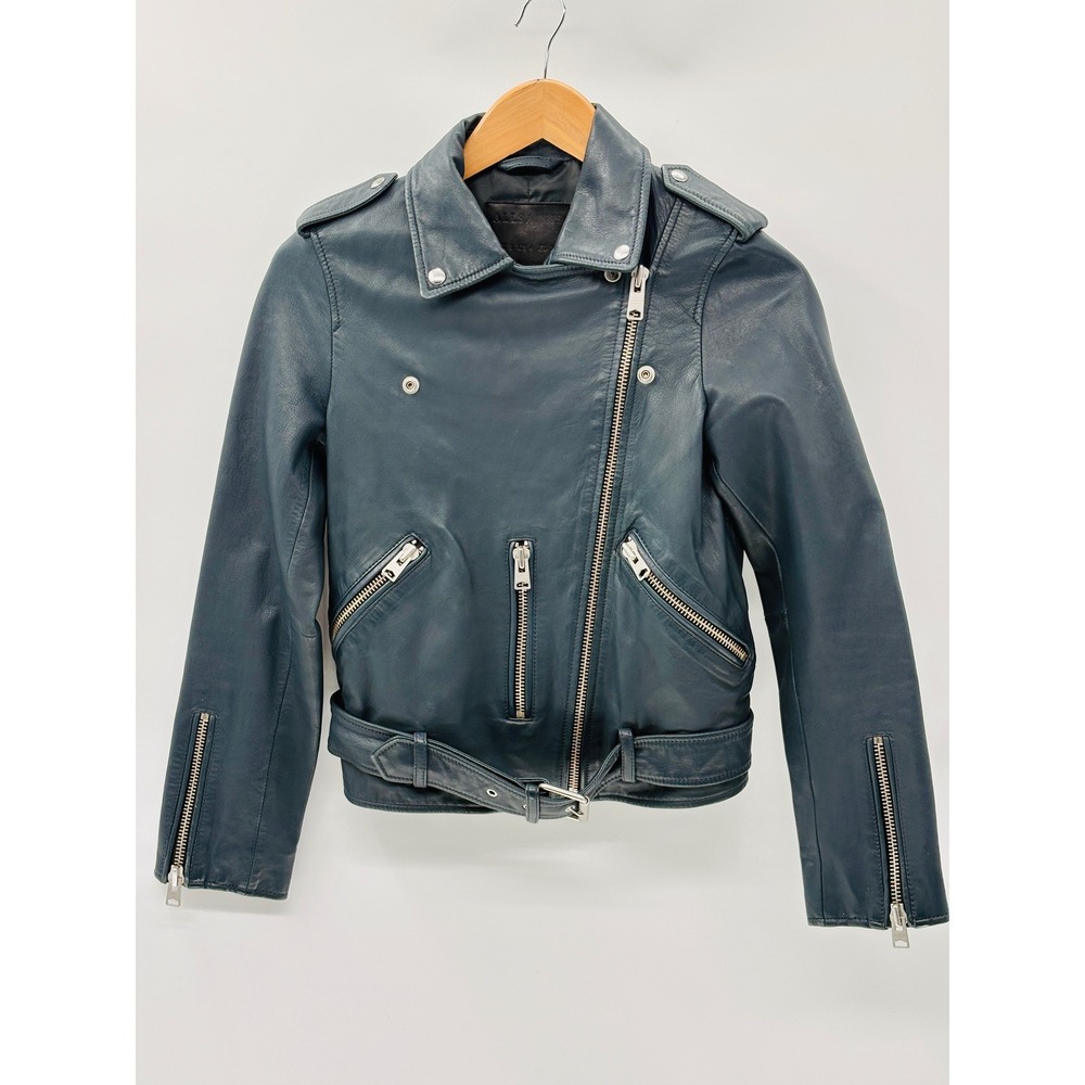 All Saints Jacket Lambskin Leather Balfern Biker Women Small 4 Teal Blue Green